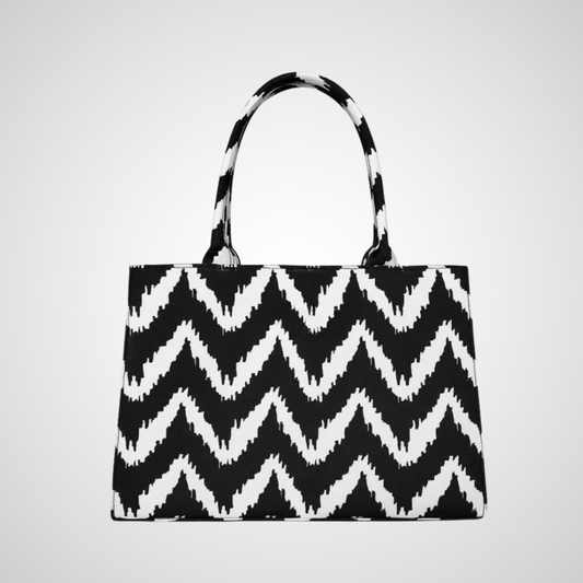 Bagwati black and white zigzag patterned canvas tote bag with dual handles