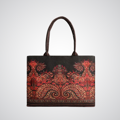 Elegant Mughal-inspired red patterned tote bag by Bagwati on white background