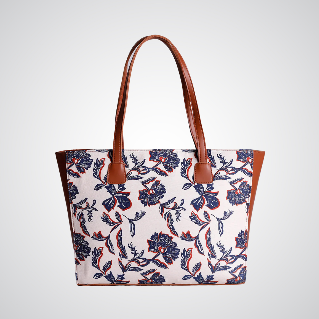 Navy Floral Canvas Tote - Brown