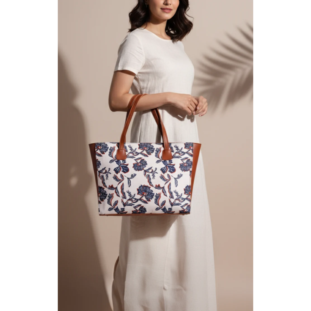 Navy Floral Canvas Tote - Brown