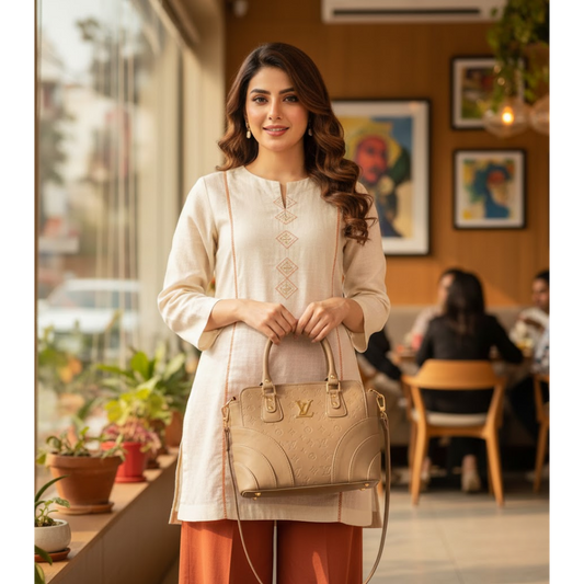 Pebbled Top-Handle Bag - Beige