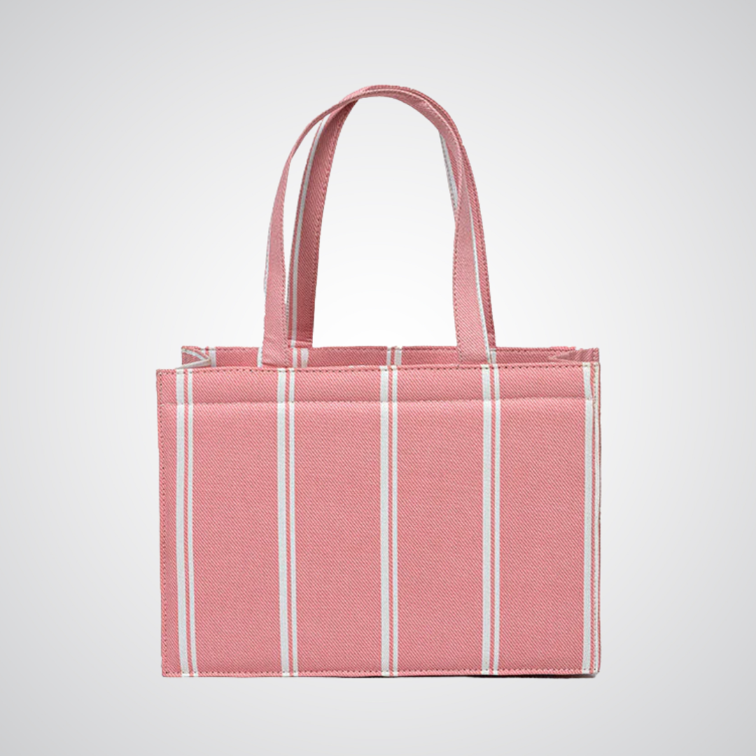 Bagwati pink mini canvas tote bag with white vertical stripes, elegant handbag