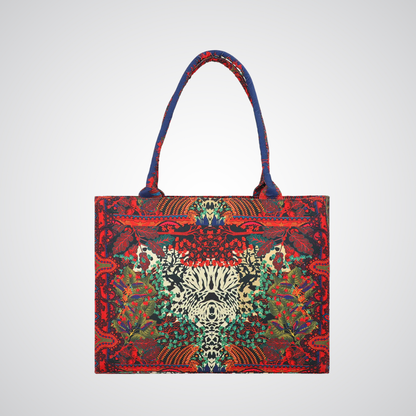 Bagwati red canvas tote bag with tiger art design and floral patterns, premium handbag