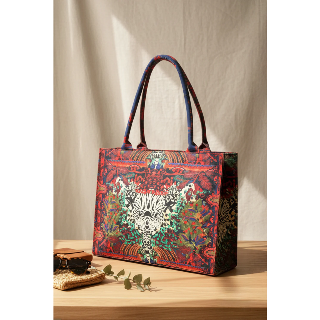 Colorful tiger art canvas tote bag by Bagwati with red, green, and white print on wood table