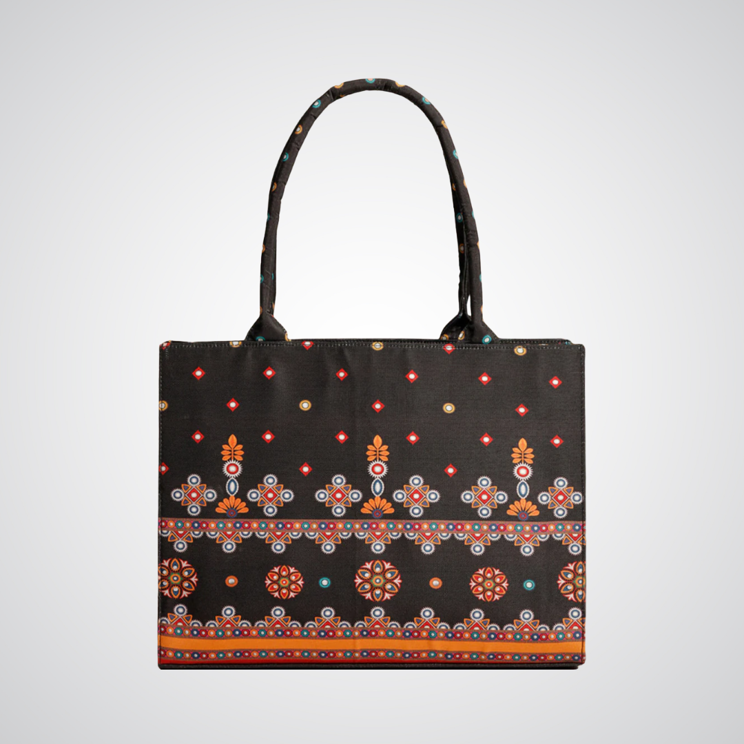 Bagwati traditional black canvas tote bag with colorful ethnic pattern design