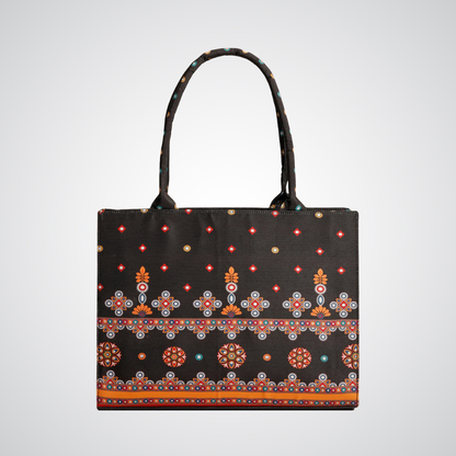 Bagwati traditional black canvas tote bag with colorful ethnic pattern design