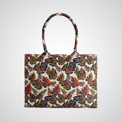 Bagwati beige canvas tote bag with colorful tropical leaf print, premium handbag design