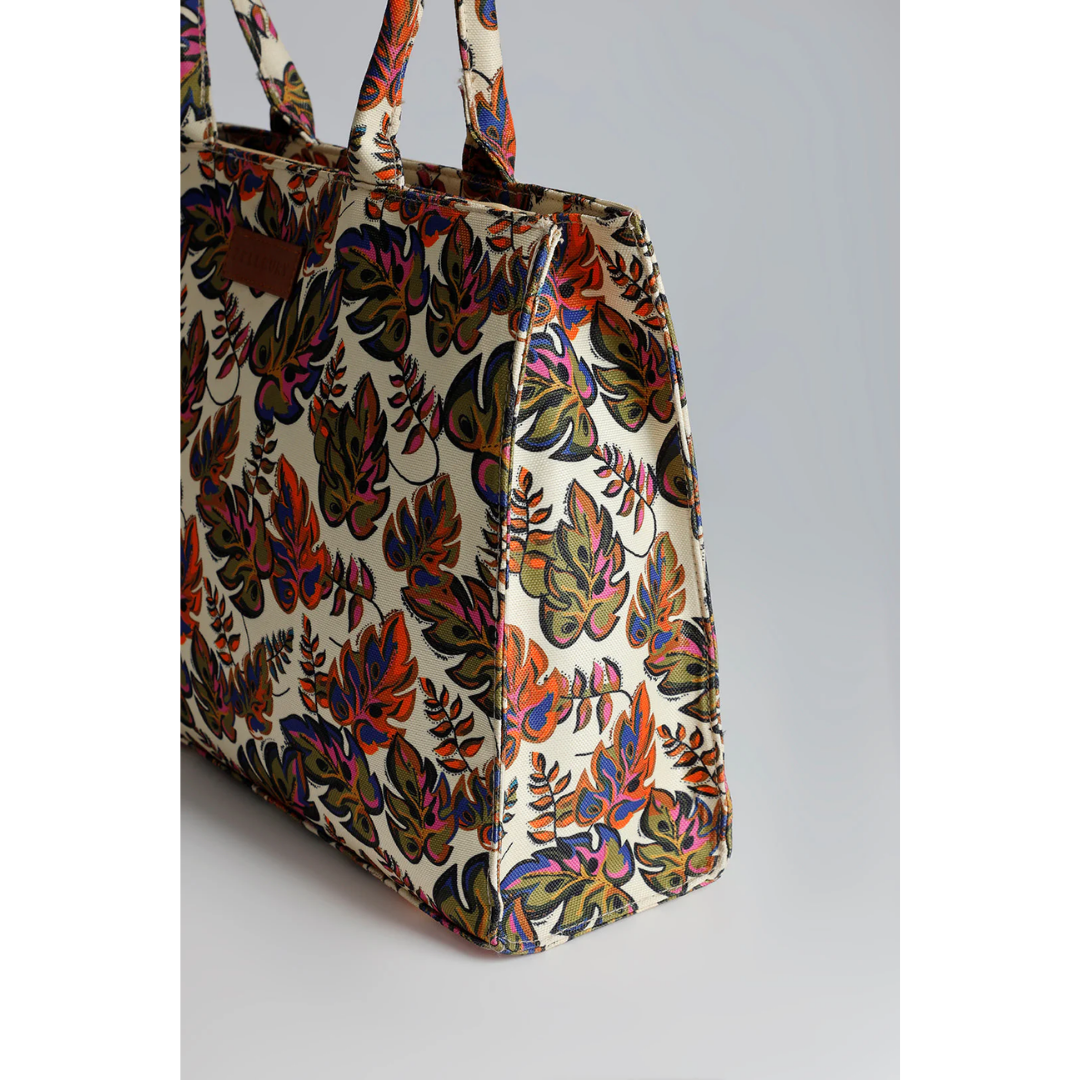 Bagwati beige canvas tote bag with colorful tropical leaf print, elegant handbag design